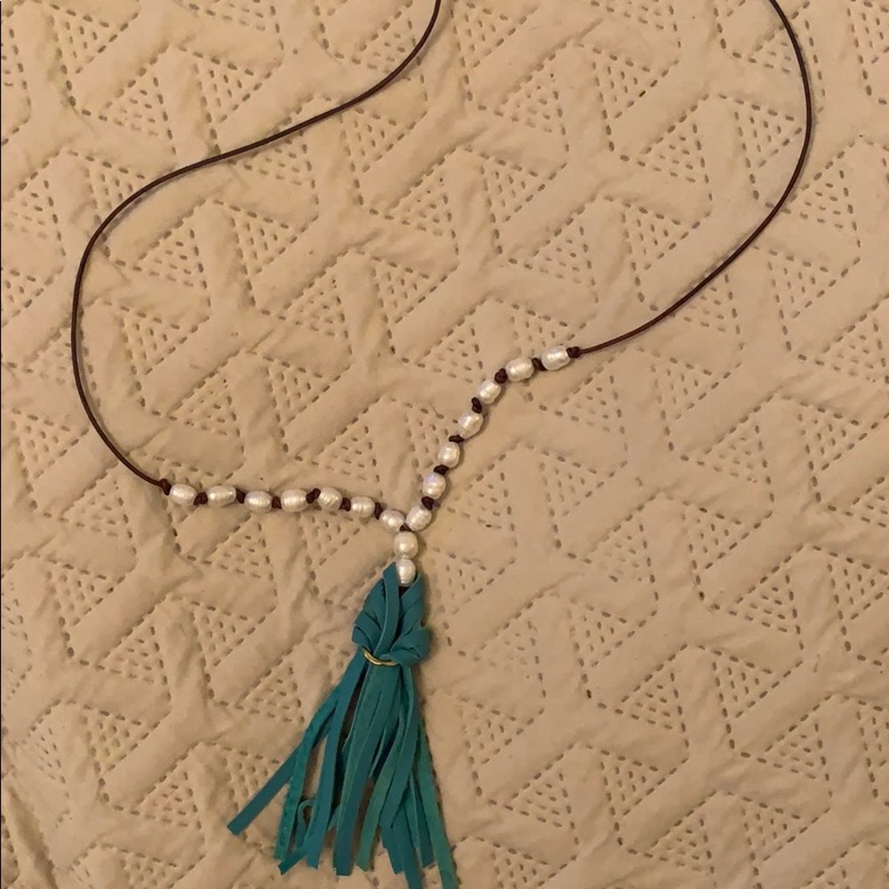 Aqua Tassel/Pearl necklace